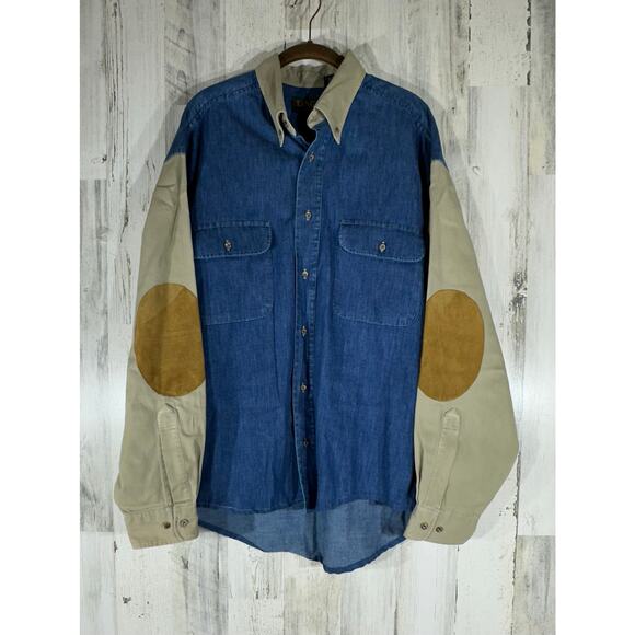Tango Max Rabb Button Up Shirt Size Large Denim 100% Cotton Elbow Patch READ - Picture 1 of 12